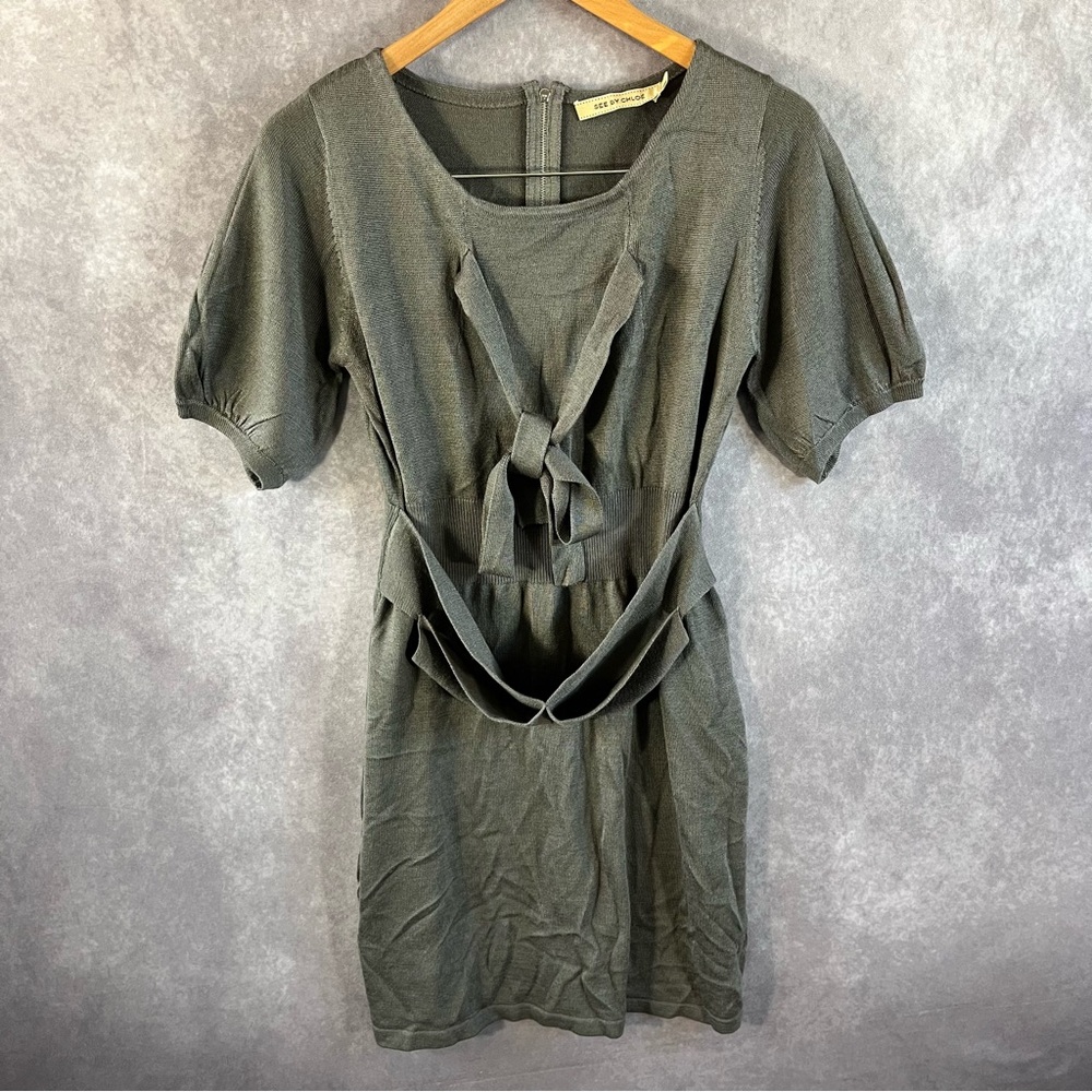 See by Chloe Knit Dress Women Small Olive Green Tie Front Puff Sleeve Wool Blend
